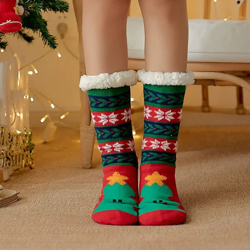 Plusock Christmas Bear Cozy Sherpa Cuff Home Slipper Socks(2 Pairs) - Dark Green - EU35-42(US2-8) - image 1