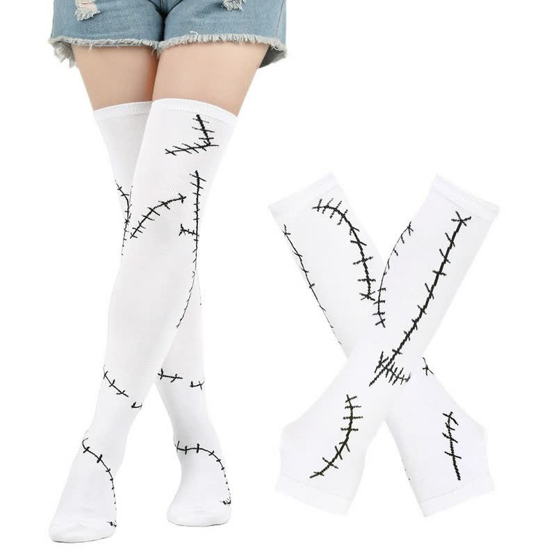 Plusock Stitched Print Thigh High Socks With Gloves Set - Black (Socks with Gloves) - EU36-43 (US3-9) - image 2