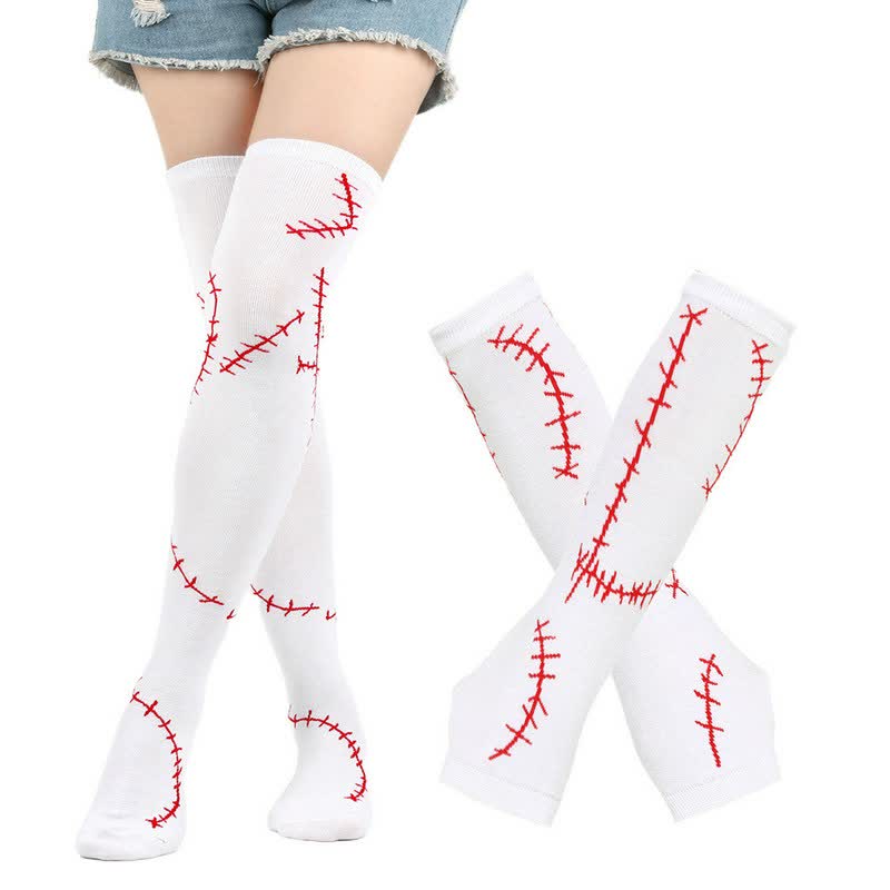 Plusock Stitched Print Thigh High Socks With Gloves Set - Red (Socks with Gloves) - EU36-43 (US3-9) - image 1