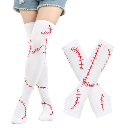 Plusock Stitched Print Thigh High Socks With Gloves Set - Red (Socks with Gloves) - EU36-43 (US3-9) - image 1