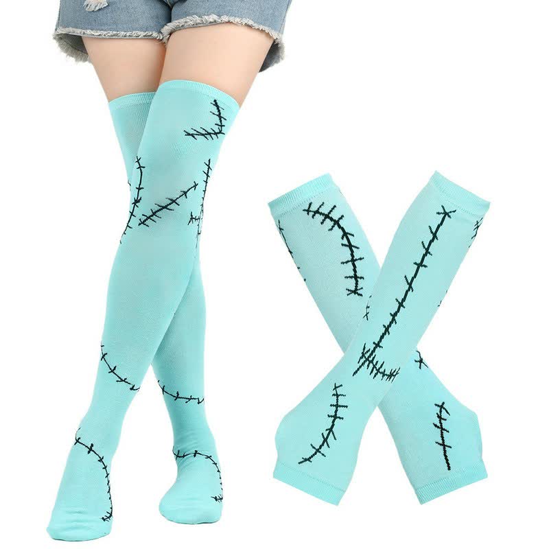 Plusock Stitched Print Thigh High Socks With Gloves Set - Sky Blue (Socks with Gloves) - EU36-43 (US3-9) - image 0