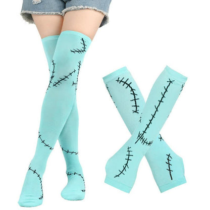 Plusock Stitched Print Thigh High Socks With Gloves Set - Sky Blue (Socks with Gloves) - EU36-43 (US3-9) - image 0