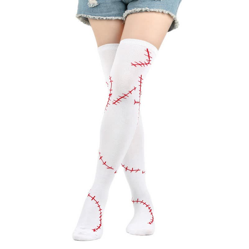 Plusock Stitched Print Thigh High Socks (3 Pairs) - Red - EU36-43 (US3-9) - image 0
