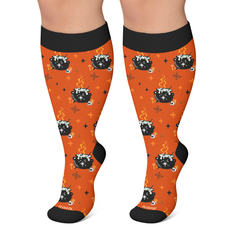 Plusock Plus Size Ghost Witch Black Cat Compression Socks - Orange - 4XL - image 6