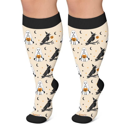 Plusock Plus Size Ghost Witch Black Cat Compression Socks - Beige - 4XL - image 4