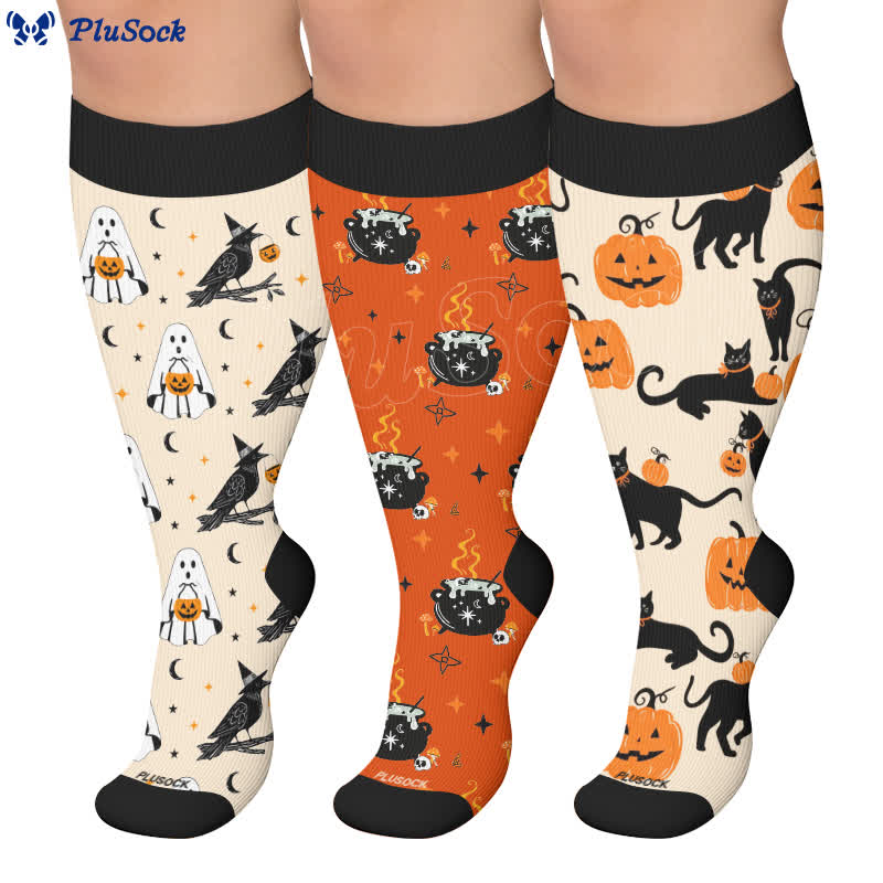 Plusock Plus Size Ghost Witch Black Cat Compression Socks - image 0