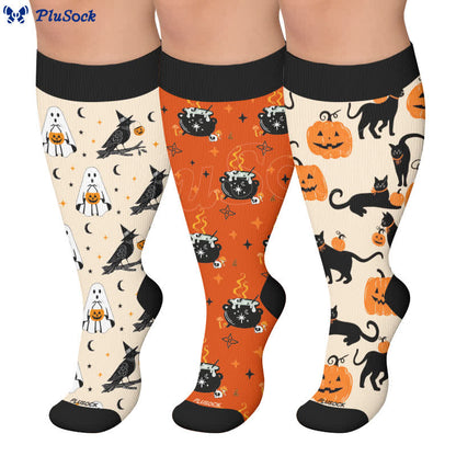 Plusock Plus Size Ghost Witch Black Cat Compression Socks - image 0