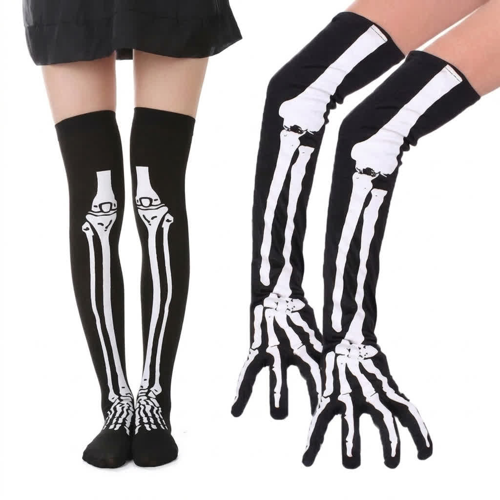 Plusock Halloween Skeleton Thigh Socks And Gloves Matching Set - Long Set - EU36-43 (US3-9) - image 2