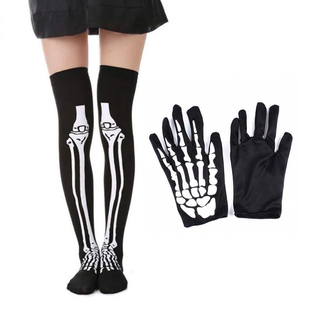 Plusock Halloween Skeleton Thigh Socks And Gloves Matching Set - Short Set - EU36-43 (US3-9) - image 0