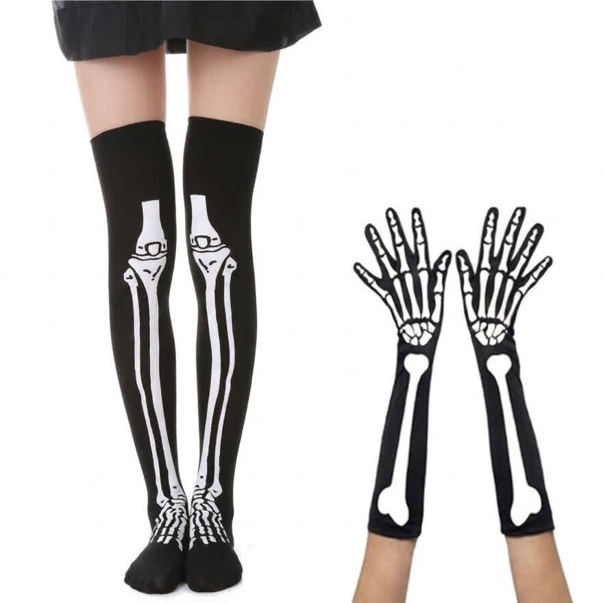 Plusock Halloween Skeleton Thigh Socks And Gloves Matching Set - Middle Set - EU36-43 (US3-9) - image 1