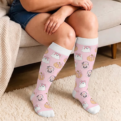 Plusock Plus Size Pink Ghost Skull Compression Socks - image 1