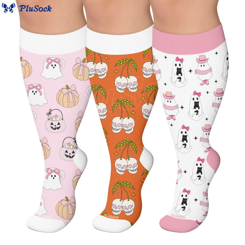 Plusock Plus Size Pink Ghost Skull Compression Socks - image 0