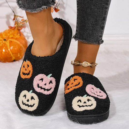 Plusock Halloween Colorful Pumpkin Embroidered Fuzzy Slippers - Black - EU 44-45(US10-11) - image 0