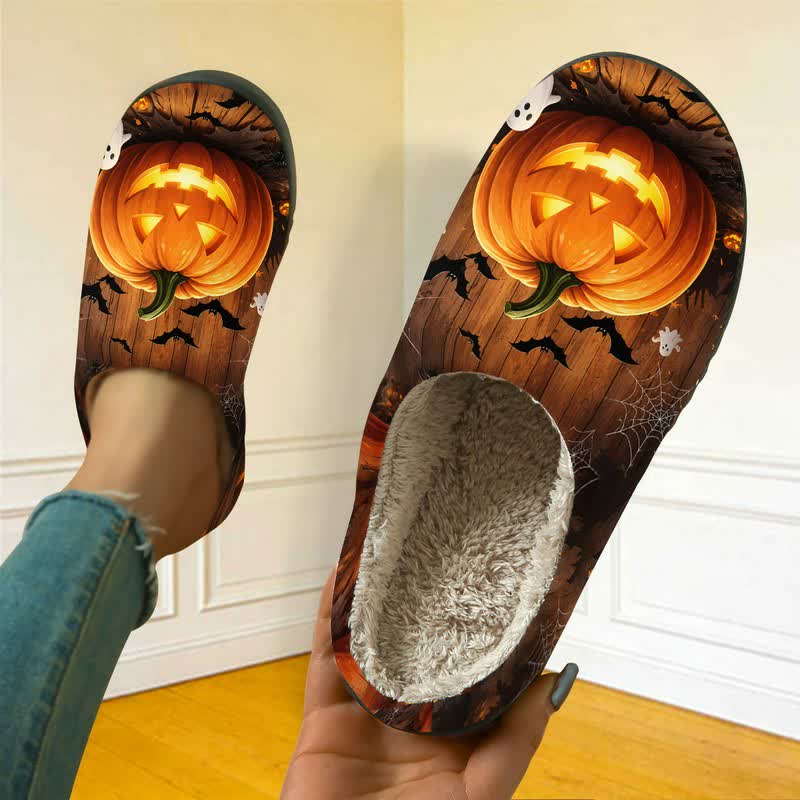 Plusock Halloween Fun Jack-O'-Lantern Bat Full Print Fuzzy Slippers - image 3