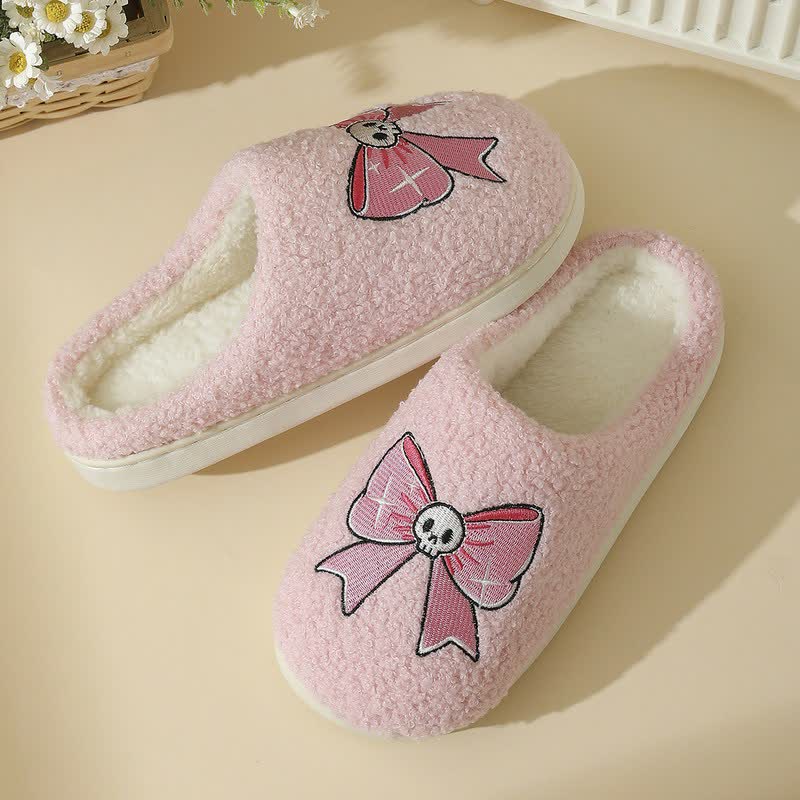 Plusock Halloween Pink Skull Bow Plush House Slippers - image 1