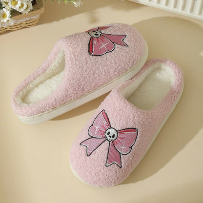 Plusock Halloween Pink Skull Bow Plush House Slippers - image 1