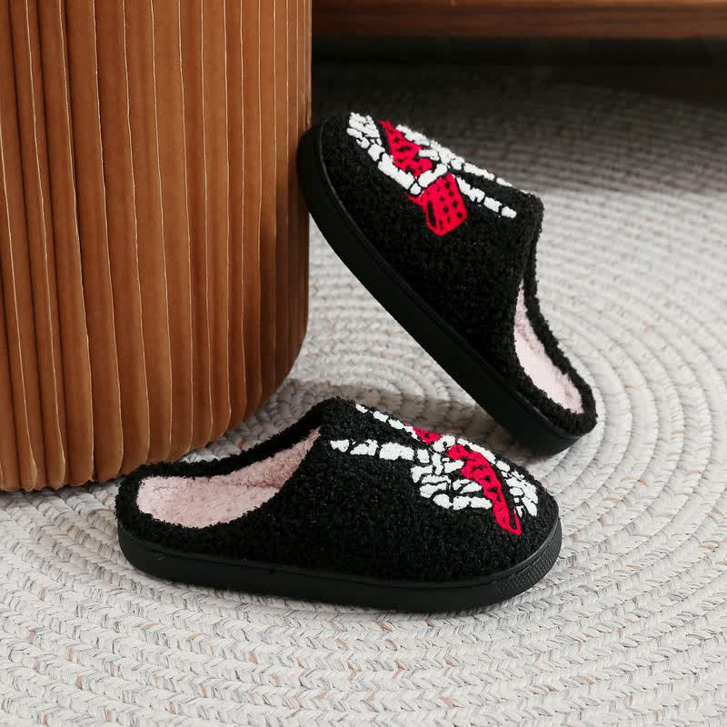 Plusock Halloween Skeleton Hand Peace Sign Fuzzy Slippers - image 2