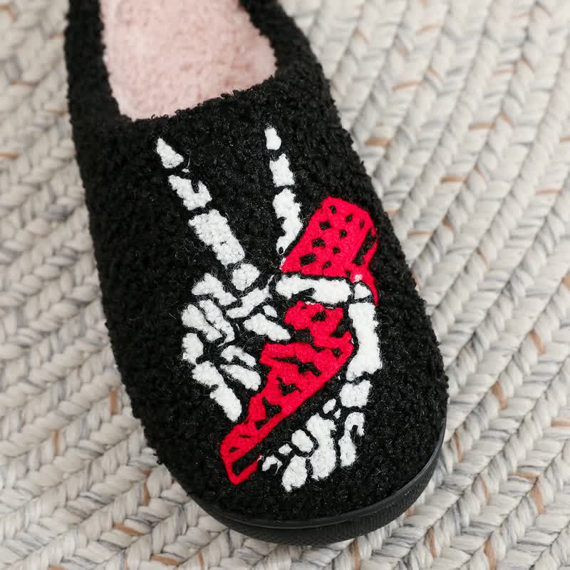 Plusock Halloween Skeleton Hand Peace Sign Fuzzy Slippers - image 1