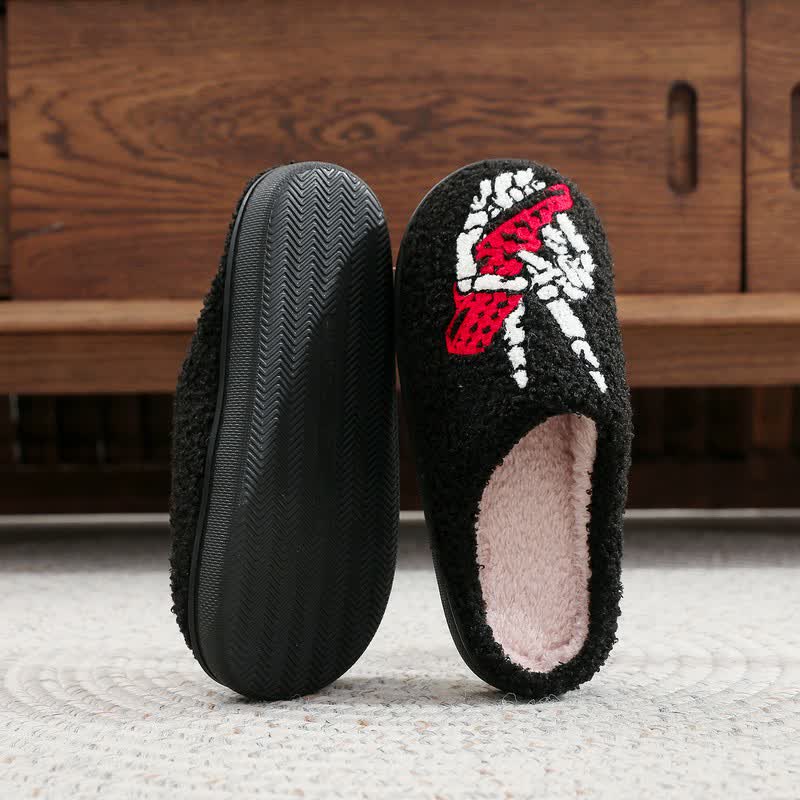 Plusock Halloween Skeleton Hand Peace Sign Fuzzy Slippers - image 3