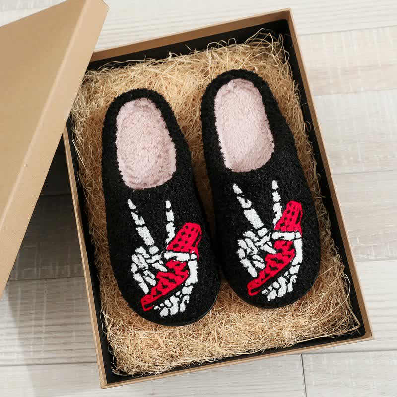 Plusock Halloween Skeleton Hand Peace Sign Fuzzy Slippers - Black - EU 44-45(US10-11) - image 0