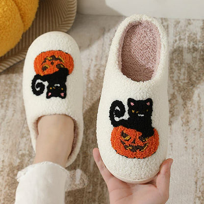 Plusock Halloween Black Cat On Pumpkin Plush Slippers - image 1