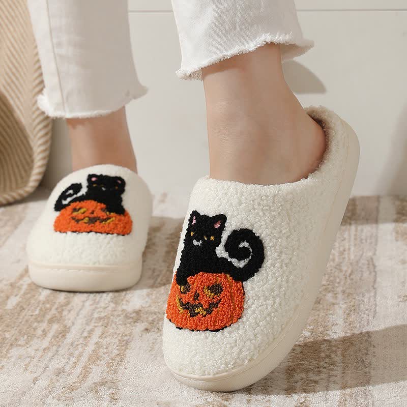 Plusock Halloween Black Cat On Pumpkin Plush Slippers - image 3