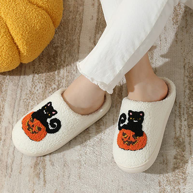 Plusock Halloween Black Cat On Pumpkin Plush Slippers - image 2