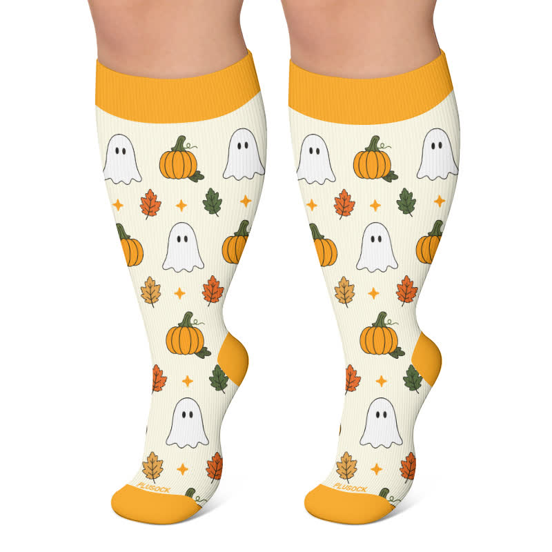 Plusock Plus Size Autumn Pumpkin Ghost Compression Socks - Beige - 4XL - image 4
