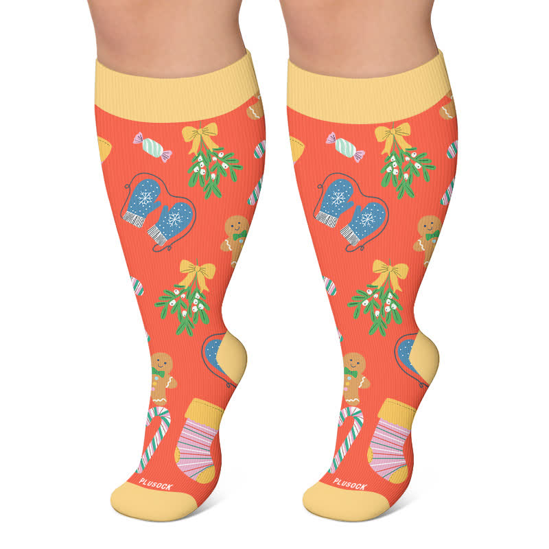 Plusock Plus Size Christmas Candy Cane Compression Socks - Orange - 4XL - image 5