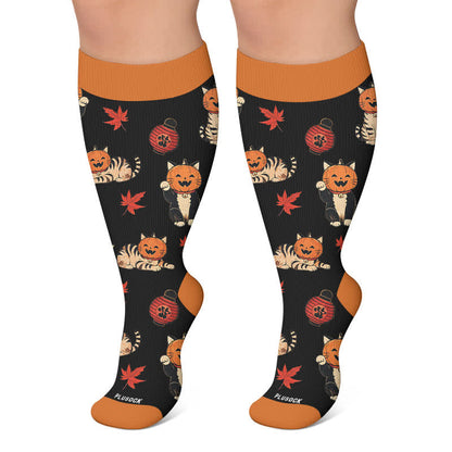 Plusock Plus Size Pumpkin Cat Compression Socks - Black - 4XL - image 4