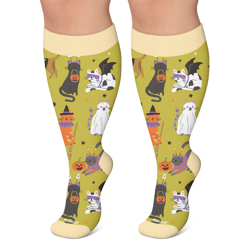 Plusock Plus Size Spooky Cats Compression Socks - Green - 4XL - image 6