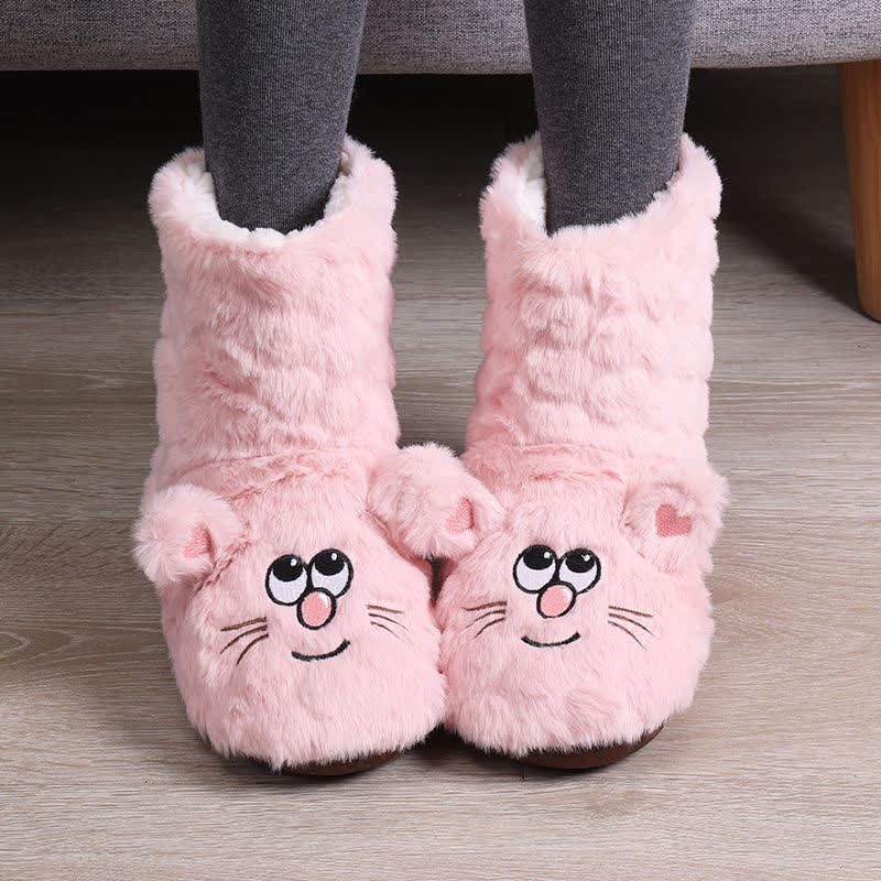 Plusock Pink Cartoon Cat Face Fuzzy Slipper Socks - Light Pink - EU39-41(US6-7.5) - image 2
