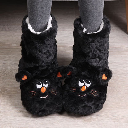 Plusock Pink Cartoon Cat Face Fuzzy Slipper Socks - Black - EU39-41(US6-7.5) - image 1