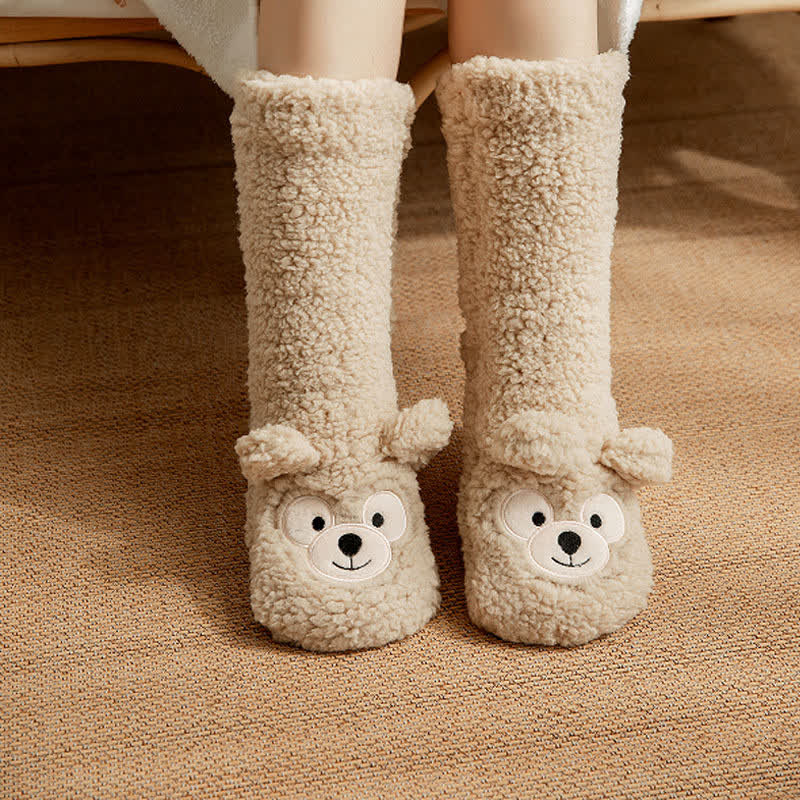 Plusock White Bear Face Fluffy Mid-Calf Slipper Socks - Beige - EU36-41(US3-7.5) - image 3