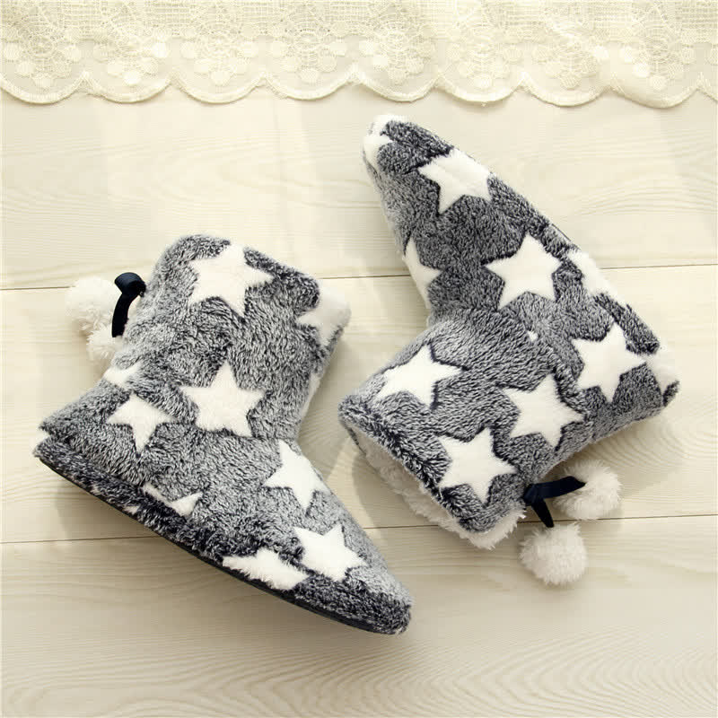 Plusock Pink Star Pattern Pom-Pom Fleece Slipper Socks - image 4