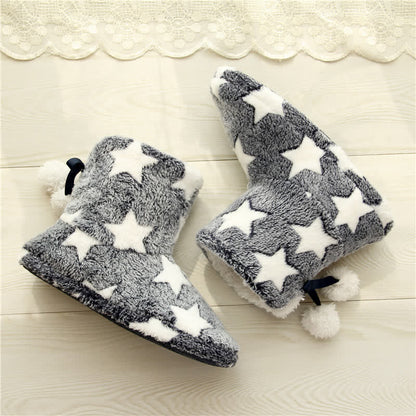 Plusock Pink Star Pattern Pom-Pom Fleece Slipper Socks - image 4