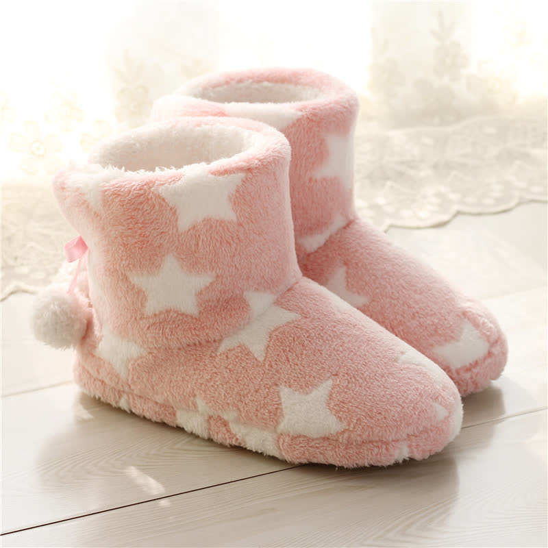 Plusock Pink Star Pattern Pom-Pom Fleece Slipper Socks - image 2