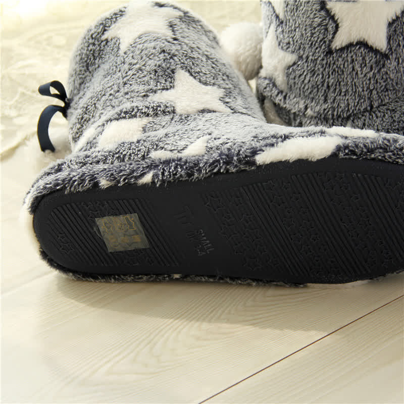 Plusock Pink Star Pattern Pom-Pom Fleece Slipper Socks - image 5