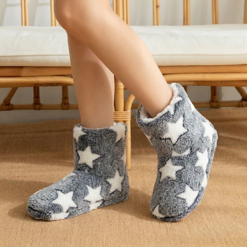 Plusock Pink Star Pattern Pom-Pom Fleece Slipper Socks - Grey - EU40-41(US7-7.5) - image 1