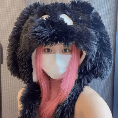 Plusock Hot Pink Cute Cartoon Big Eyes Plush Hat - Black - One Size - image 3