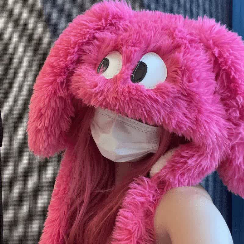 Plusock Hot Pink Cute Cartoon Big Eyes Plush Hat - Rose - One Size - image 0
