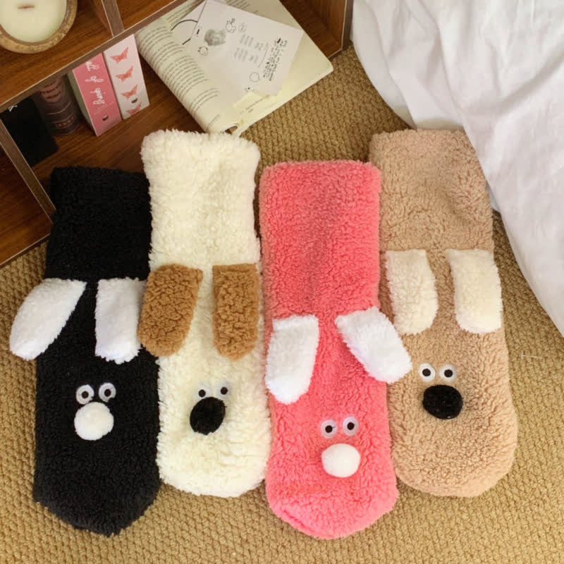 Plusock Khaki Googly-Eye Puppy Cartoon Slipper Socks - image 1