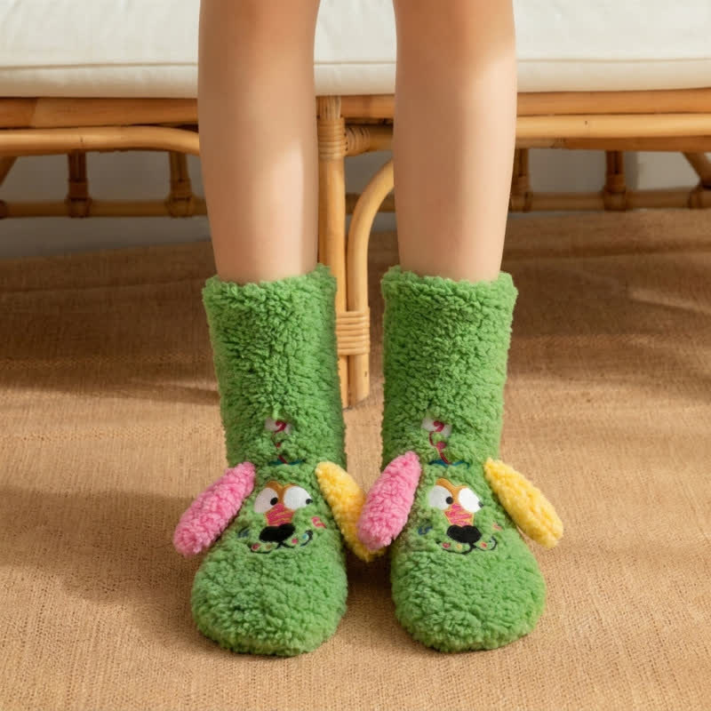 Plusock Yellow Mismatched-Ear Cartoon Puppy Slipper Socks - Green - EU36-42(US3-8) - image 6