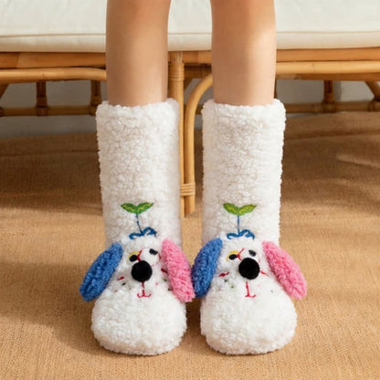 Plusock Yellow Mismatched-Ear Cartoon Puppy Slipper Socks - White - EU36-42(US3-8) - image 1