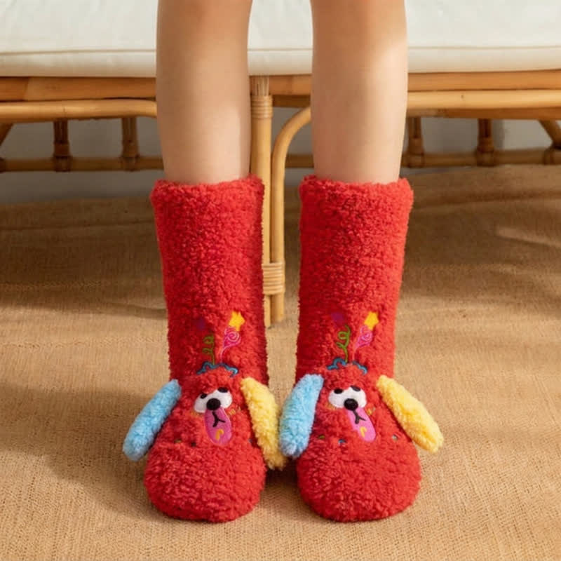 Plusock Yellow Mismatched-Ear Cartoon Puppy Slipper Socks - Red - EU36-42(US3-8) - image 2