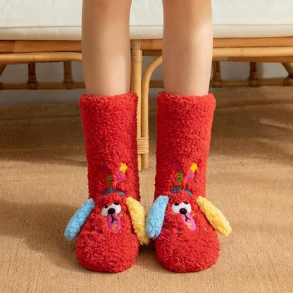 Plusock Yellow Mismatched-Ear Cartoon Puppy Slipper Socks - Red - EU36-42(US3-8) - image 2