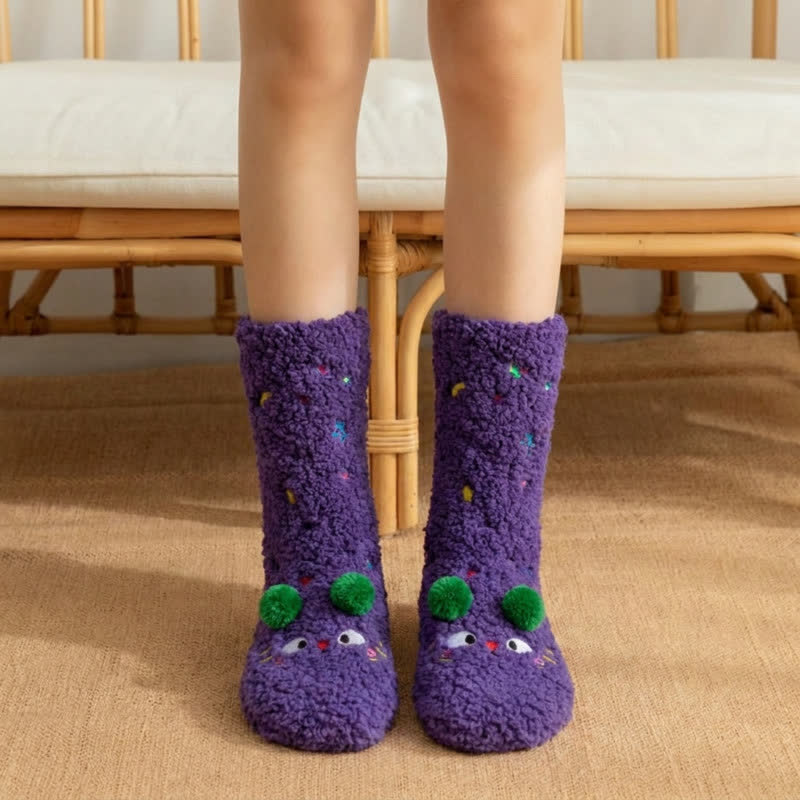 Plusock Pink Green Pom-Pom Cartoon Animal Slipper Socks - Purple - EU36-42(US3-8) - image 6