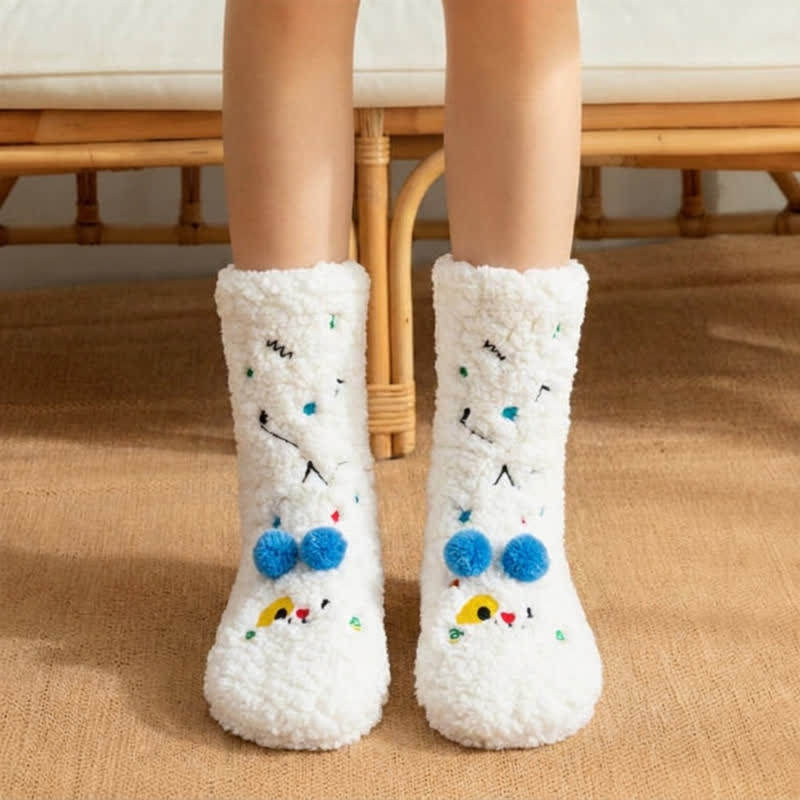 Plusock Pink Green Pom-Pom Cartoon Animal Slipper Socks - White - EU36-42(US3-8) - image 4