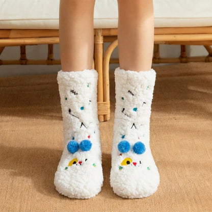Plusock Pink Green Pom-Pom Cartoon Animal Slipper Socks - White - EU36-42(US3-8) - image 4