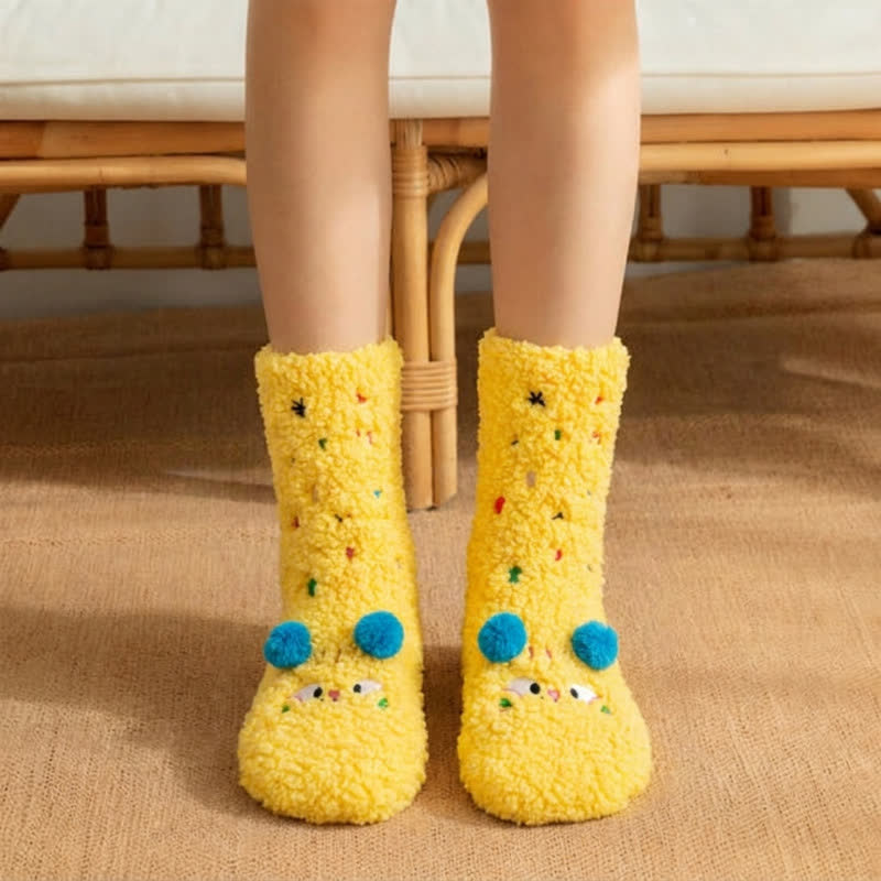 Plusock Pink Green Pom-Pom Cartoon Animal Slipper Socks - image 1